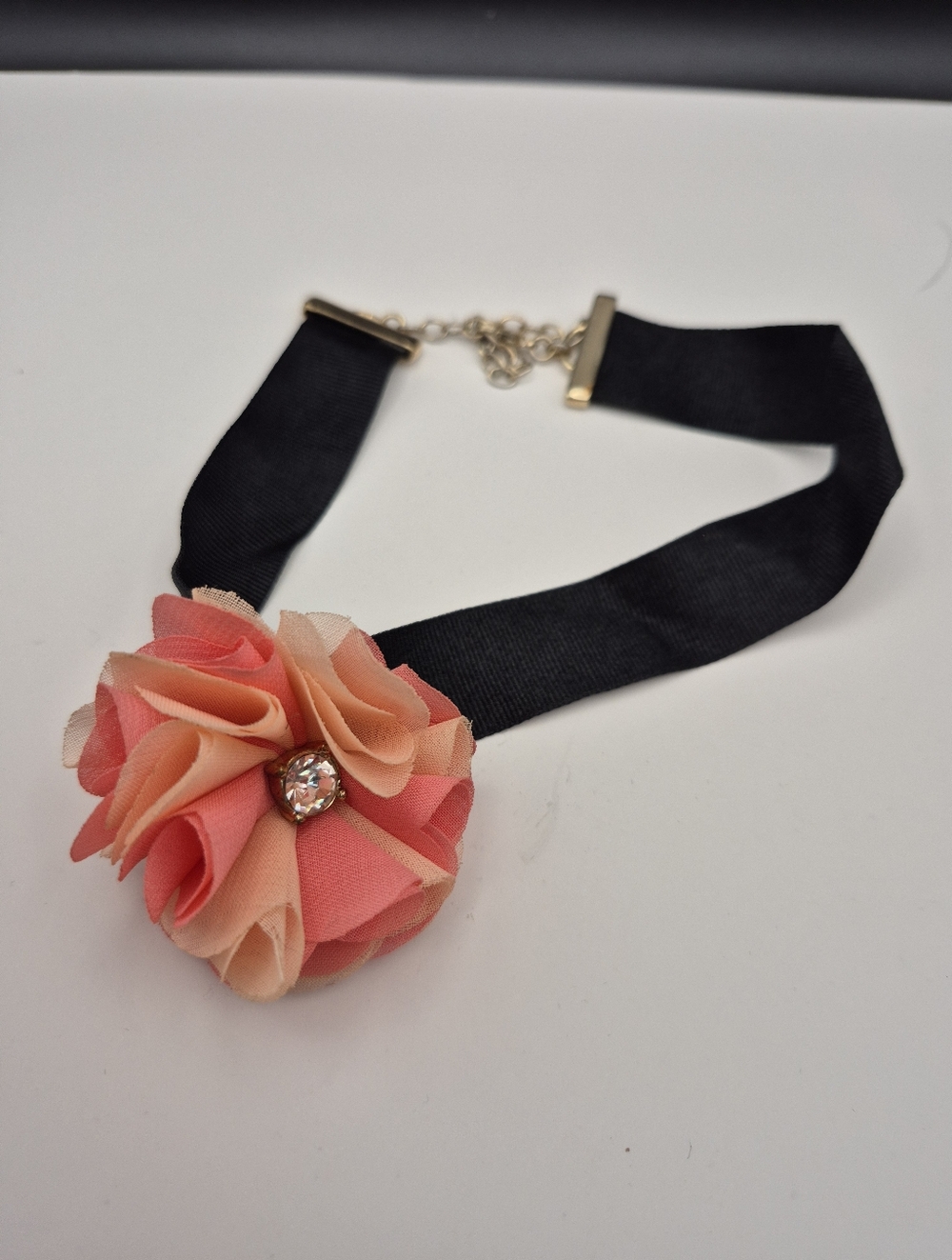 Black Ribbon Choker with Pink-Orange Floral Accent